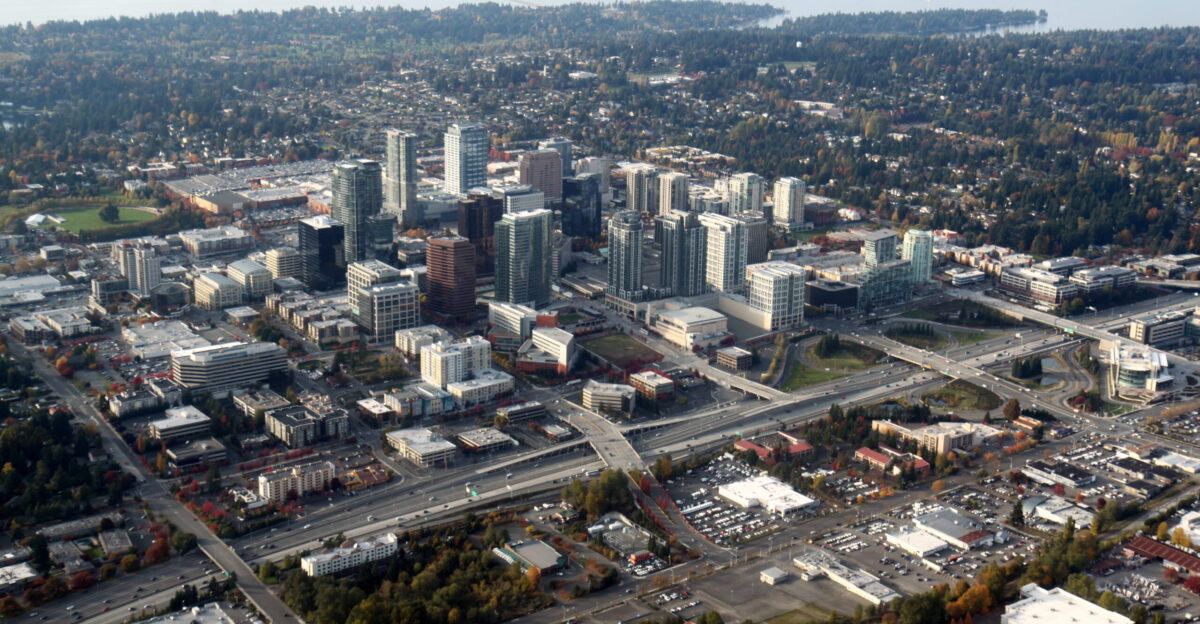 An aerial view of Bellevue Washington seen against the backdrop of Lake Washington