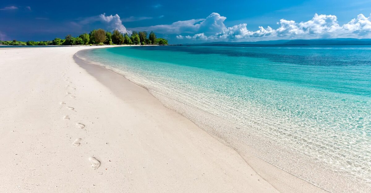 beach sea footprints sand sandy beach seashore shore coast coastline shoreline tropical island landscape tropical nature white sand beach travel indonesia
