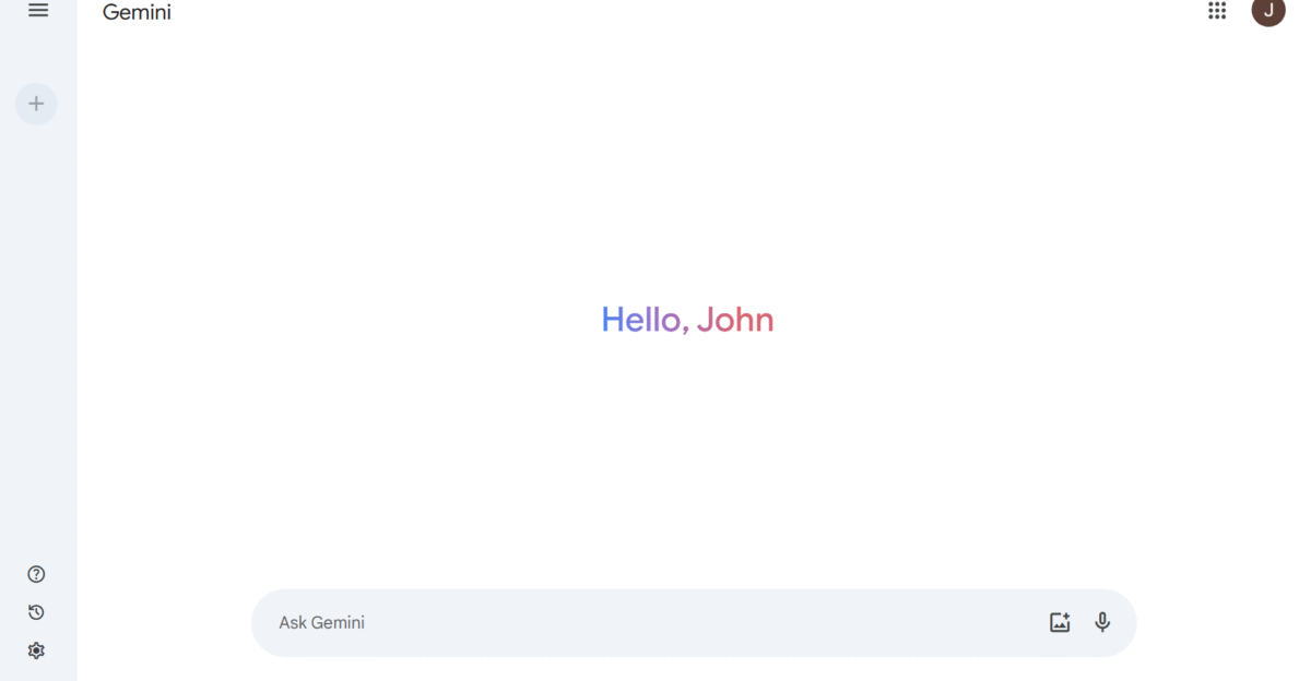 A screenshot of gemini google com an AI chatbot website with the generic name John Smith