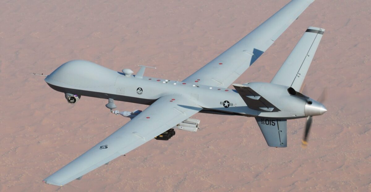 An MQ-9 Reaper unmanned aerial vehicle flies a combat mission over southern Afghanistan