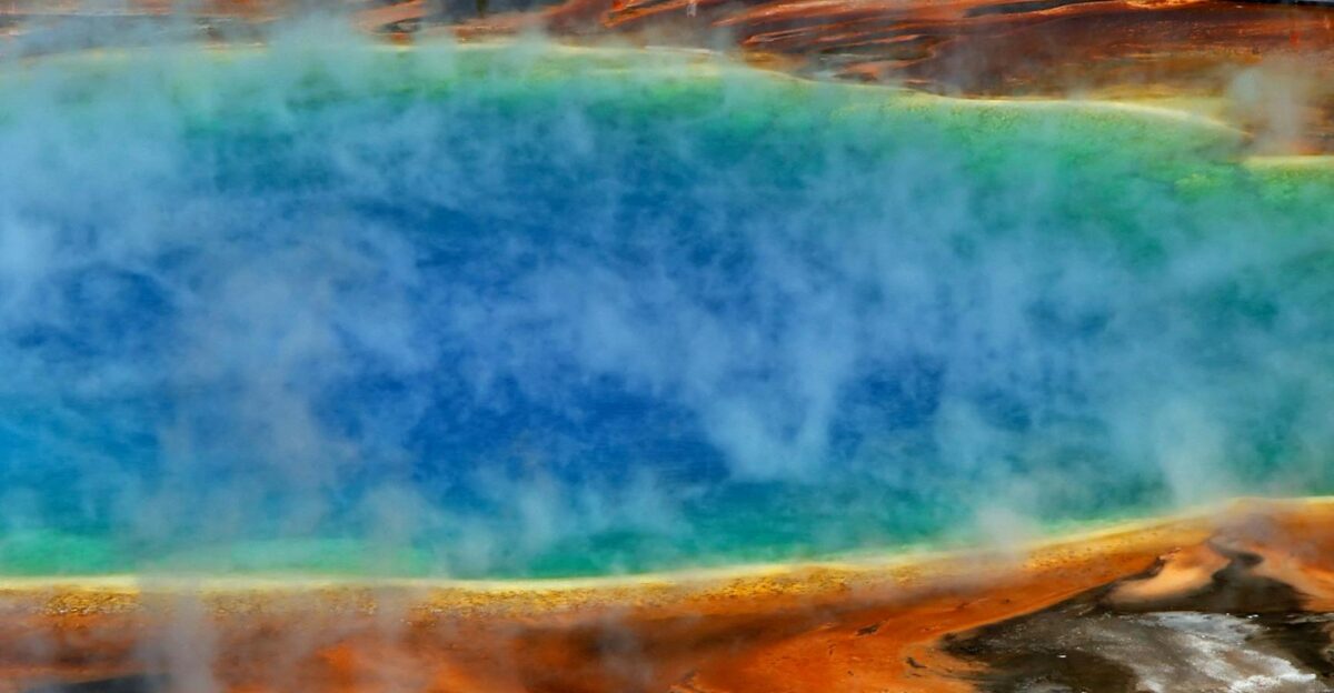 Vibrant aerial shot of Grand Prismatic Spring in Yellowstone National Park
