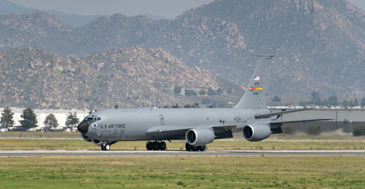 A US Air Force KC-135 Stratotanker on the runway at March Air Reserve Base California