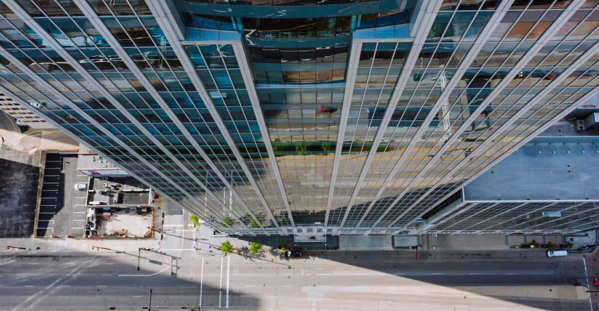 Drone view of modern skyscraper facade with reflections in Cincinnati Ohio