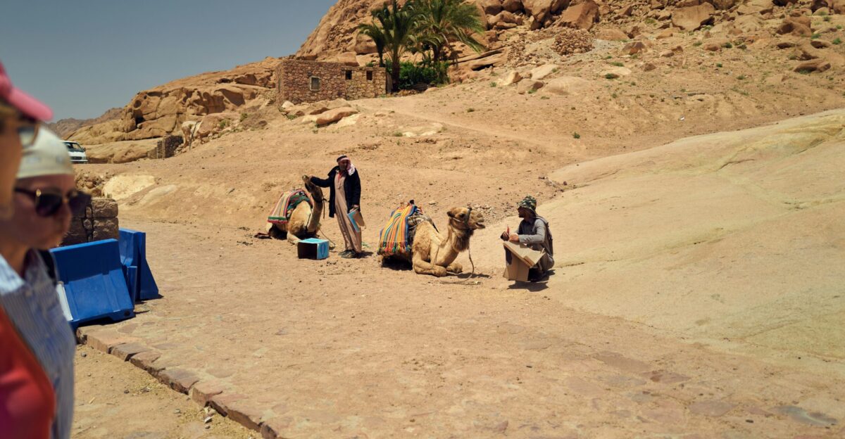 a group of people in a desert