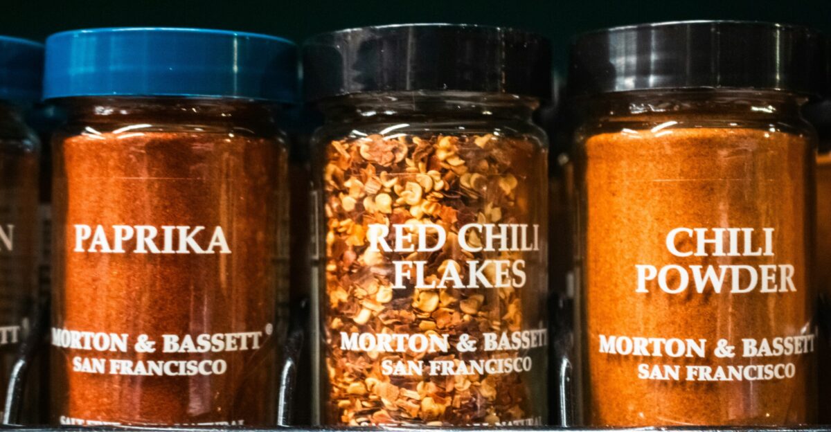 Spices paprika red chili flakes and chili powder