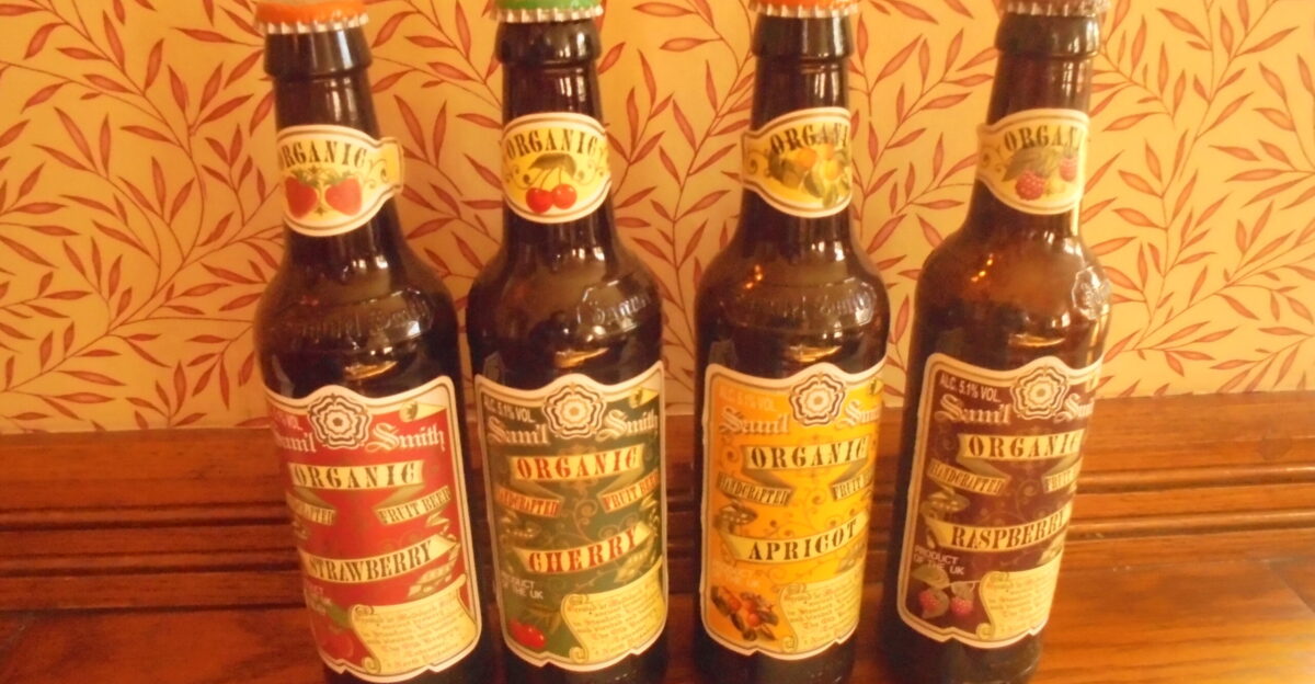 Samuel Smith s Organic Fruit Beer bottles lounge Railway Inn Spofforth North Yorkshire Taken on the afternoon of Saturday the 4th of May 2019