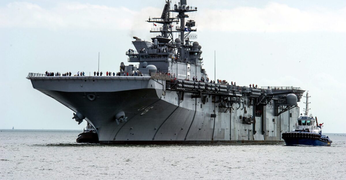 The U S Navy amphibious assault ship USS America LHA-6 returns to Huntington Ingalls Shipyard Pascagoula Mississippi USA after completing sea trials During the trials the ship s main propulsion communications steering navigational and radar systems were tested for the first time at sea America will be the first ship of its class replacing the Tarawa-class of amphibious assault ships