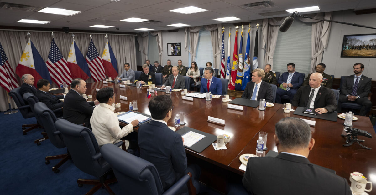 Secretary of Defense Pete Hegseth holds a bilateral meeting with Philippine President Ferdinand Bongbong Romualdez Marcos Jr at the Pentagon Washington D C July 21 2025 DoD photo by U S Navy Petty Officer 1st Class Alexander Kubitza