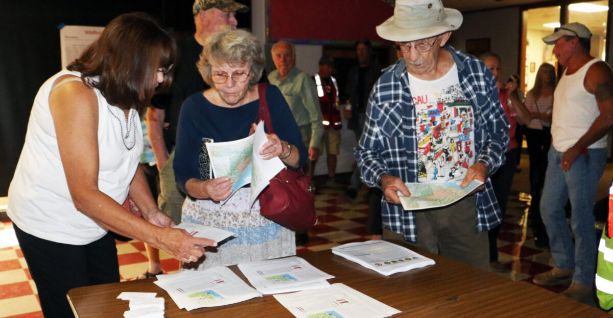 On September 3 2017 fire staff held a community meeting to provide an overview of the Chetco Bar wildfire The meeting was held at the Illinois Valley High School in Cave Junction It was attended by more than 550 people The Chetco Bar Fire was reported on July 12 2017 The initial size-up of the fire was 1 4 acre burning in the 2002 Biscuit Fire and 1987 Silver Fire scars located in the Kalmiopsis Wilderness roughly six air miles west of Pearsoll Peak and north of the Chetco River The fire is approximately 5 miles northeast of Brookings Oregon The area is comprised of mixed conifer and deciduous forest brush and snags from the 2002 Biscuit Fire and 1987 Silver Fire The fire is burning in areas of fire scar and islands that were previously unburned The combination of down dead fuels with a newly cured grass makes the terrain quite hazardous for firefighters Photo by Maria Thi Mai BLM