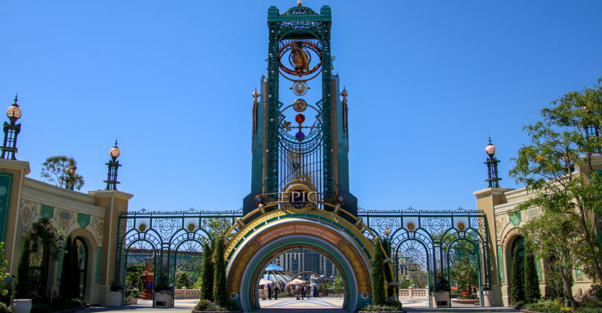 The Chronos is the overall portal into the worlds of Universal Epic Universe The story is that Celestials capture energy from the Sun with this tower using the orbital mechanics spinning at the top The Chronos powers the other portals in the park Two Celestials are depicted on the sides of the tower Named Dawn facing East and Dusk facing West