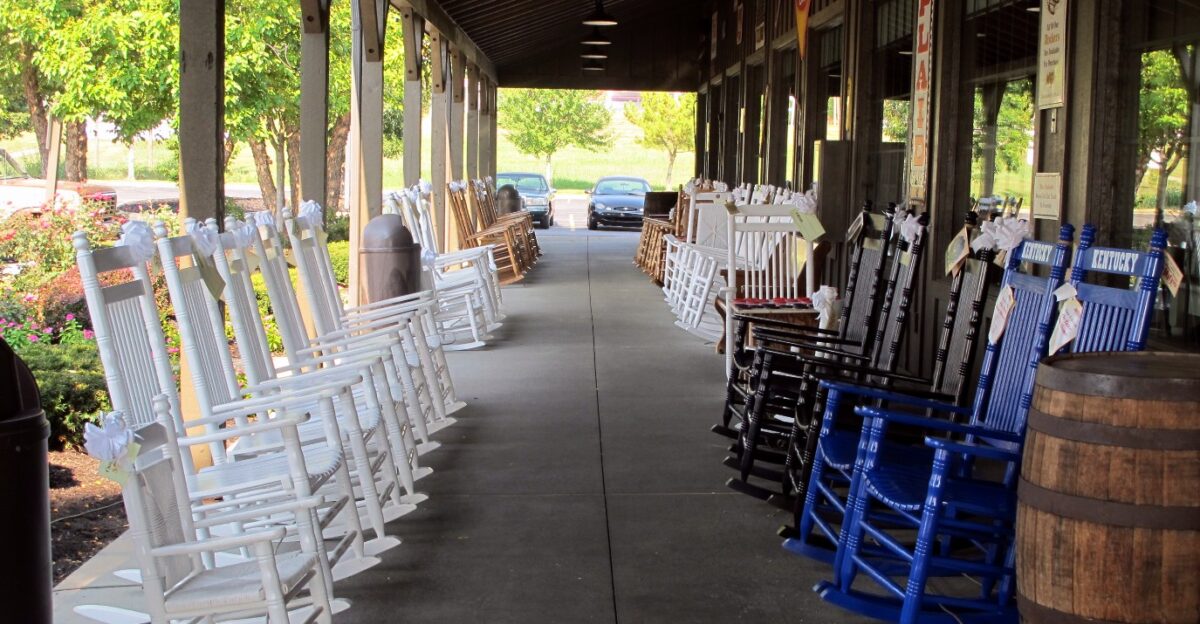 Rocking chairs outside of a Cracker Barrel