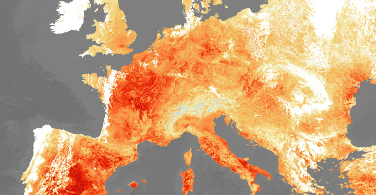 An extreme heatwave has hit Europe once again this week following June s hot spell High temperatures are expected to peak today reaching as high as 39-40 C with Netherlands Belgium and Germany recording their highest ever temperatures Paris reached a sweltering 41 C breaking its previous record in 1947 The map has been generated using the Copernicus Sentinel-3 s Sea and Land Surface Temperature Radiometer Whereas weather forecasts use predicted air temperatures the satellite measures the real amount of energy radiating from Earth - therefore this map better represents the real temperature of the land surface Clouds are visible in white in the image while the light blue represent snow-covered areas In many countries red heat warnings have been issued including Italy Spain and France and civilians are advised to avoid travelling and stay hydrated See an animation showing the land surface temperature from 25 July compared to data recorded during the previous heatwave on 26 June 2019 here