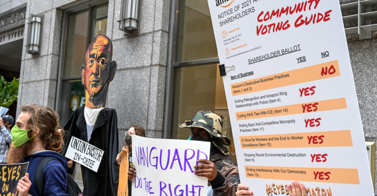 Two days before Amazon s annual general meeting on May 24 2021 activists led by Massachusetts Jobs With Justice protested in front of the offices of two major shareholders in Boston State Street Corp and Fidelity Investments to challenge Amazon s policies and practices 1 Photo by Joe Piette
