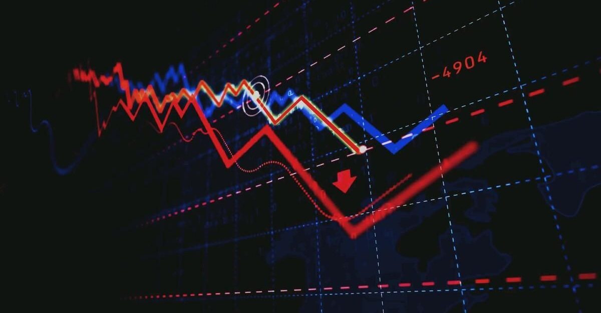 Global Market Crash Stock Prices Falling Financial Crisis Economic Downturn Red Blue Lines Chart Dat by Juan