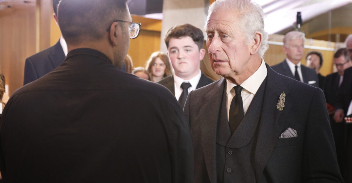 His Majesty The King arrives at the Scottish Parliament as the consider a motion of condolence for Her Majesty The Queen