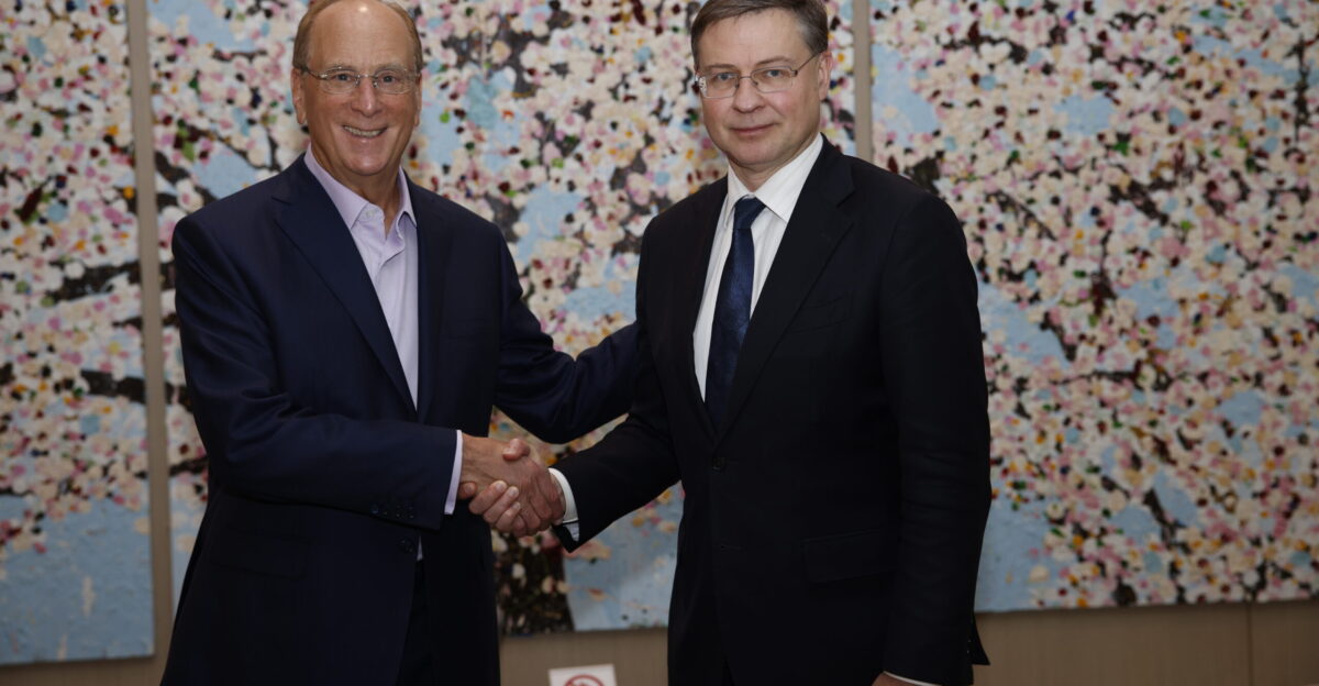Commissioner Valdis Dombrovskis attends a Meeting with Larry Fink CEO Blackrock in New York on April 29 2025
