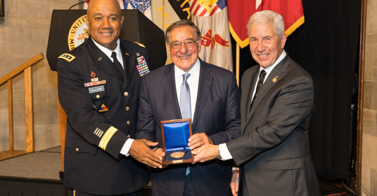 The 23rd U S Secretary of Defense Leon Panetta receives the 2018 Sylvanus Thayer Award presented by the West Point Association of Graduates October 4 2018 at the U S Military Academy at West Point The Thayer Award is given to a citizen of the United States other than a West Point graduate whose outstanding character accomplishments and stature in the civilian community draw wholesome comparison to the qualities for which West Point strives in keeping with its motto Duty Honor Country