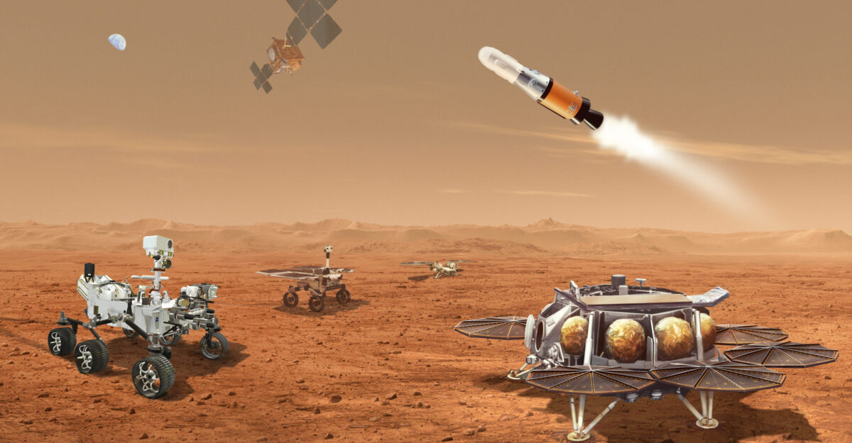 April 21 2022 This illustration shows a concept for multiple robots that would team up to ferry to Earth samples collected from the Mars surface by NASA s Mars Perseverance rover NASA and ESA European Space Agency are developing concepts for the Mars Sample Return program designed to retrieve the samples of Martian rocks and soil being collected and stored in sealed tubes by Perseverance In the future the samples would be returned to Earth for detailed laboratory analysis The current concept envisions delivering a Mars lander near Jezero Crater where Perseverance far left is caching or collecting samples A NASA-provided Sample Retrieval Lander far right would carry a NASA rocket the Mars Ascent Vehicle and a second lander pictured in the background would carry ESA s Sample Fetch Rover center which is a little smaller than a golf cart The fetch rover would gather the cached samples left on the surface by Perseverance and transport them to the Sample Retrieval Lander where they would then be transferred onto the Mars Ascent Vehicle Perseverance could also deliver additional samples directly to the lander The Mars Ascent Vehicle would launch a container with the samples inside into orbit Waiting in Mars orbit would be an ESA-provided Earth Return Obiter which would rendezvous with and capture the orbiting sample container using a NASA-provided Capture Containment and Return System This system would capture and orient the container then prepare it for return to Earth inside the Earth Entry System For more information visit mars nasa gov msr Credit NASA ESA JPL-Caltech