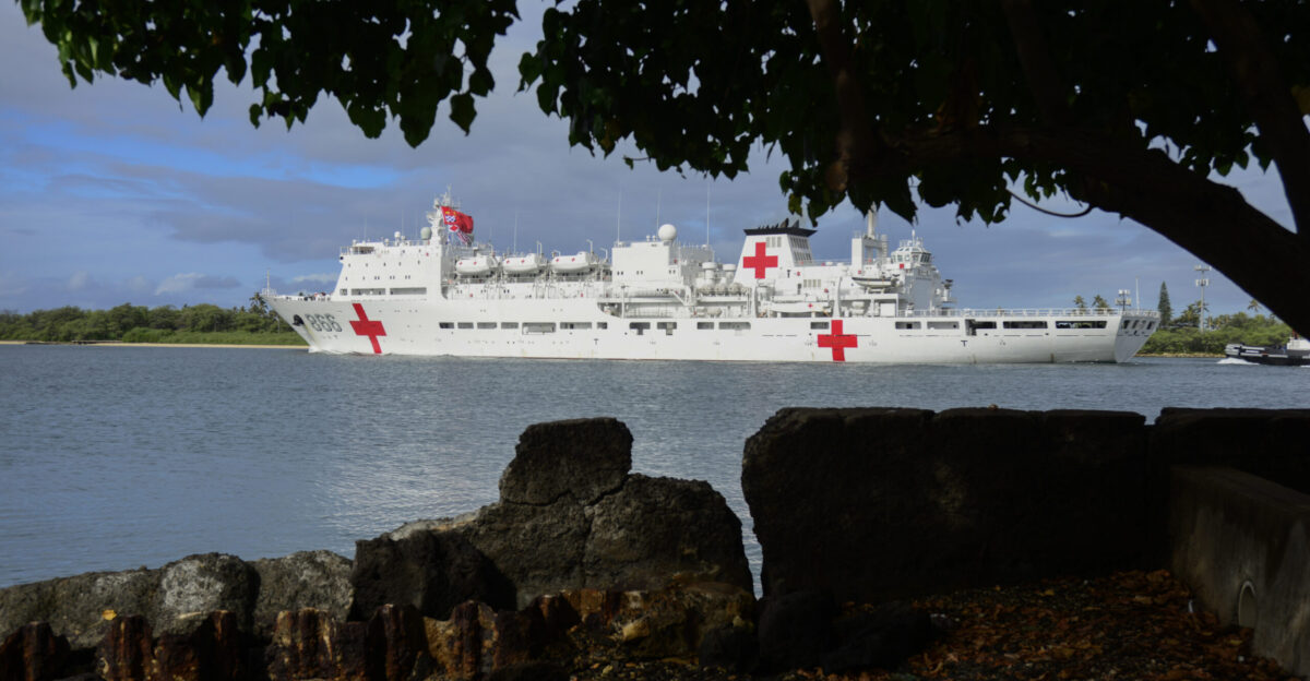 N-GI544-013 PEARL HARBOR July 15 2016 Chinese hospital ship Peace Ark T-AH 866 departs Joint Base Pearl Harbor-Hickam for Rim of the Pacific 2016 Twenty-six nations more than 40 ships and submarines more than 200 aircraft and 25 000 personnel are participating in RIMPAC from June 30 to Aug 4 in and around the Hawaiian Islands and Southern California The world s largest international maritime exercise RIMPAC provides a unique training opportunity that helps participants foster and sustain the cooperative relationships that are critical to ensuring the safety of sea lanes and security on the world s oceans RIMPAC 2016 is the 25th exercise in the series that began in 1971 U S Navy Photo By Mass Communication Specialist 2nd Class Laurie Dexter RELEASED Unit Commander U S 3rd Fleet DVIDS Tags Pearl Harbor Joint Base Pearl Harbor-Hickam China Peoples Liberation Army Navy JBPHH Navy USN Ally RIMPAC Peoples Republic of China Peace Ark Strengthening partnerships Peace Ark T-AH 866 Largest Maritime Exercise RIMPAC 2016