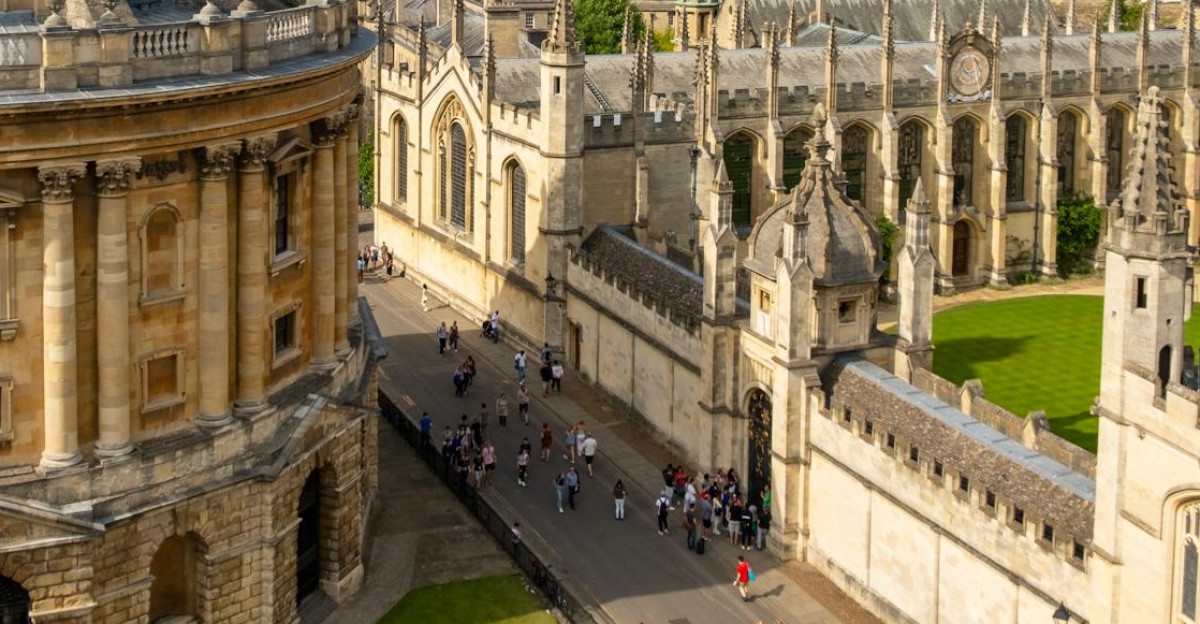 A beautiful aerial view of Oxford University s classic architecture on a bright day