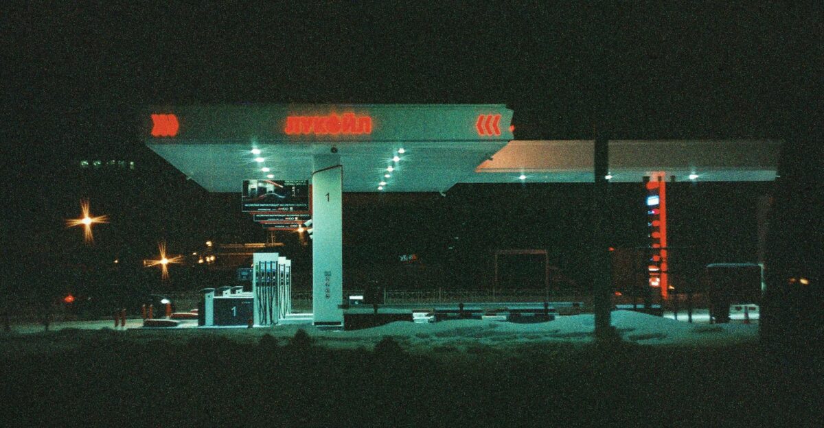 Atmospheric night view of an illuminated gas station in Saint Petersburg Russia