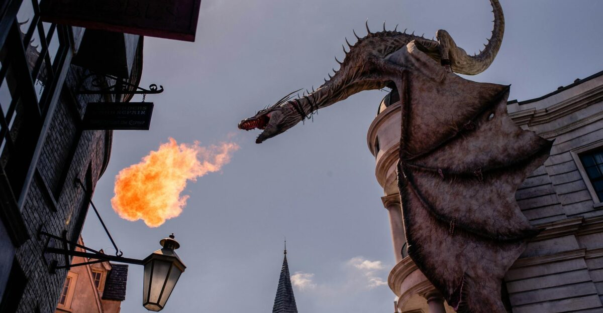 Stunning dragon sculpture breathing fire at a themed street in Orlando Florida