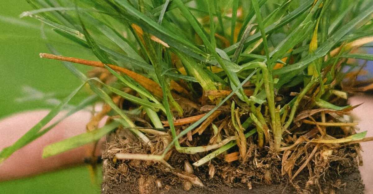 A detailed close-up of hands holding a small patch of grass, showcasing nature and agriculture.
