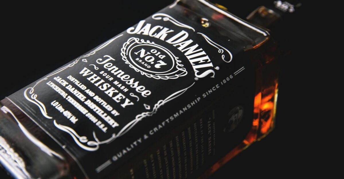 Detailed shot of a Jack Daniel s whiskey bottle emphasizing classic design