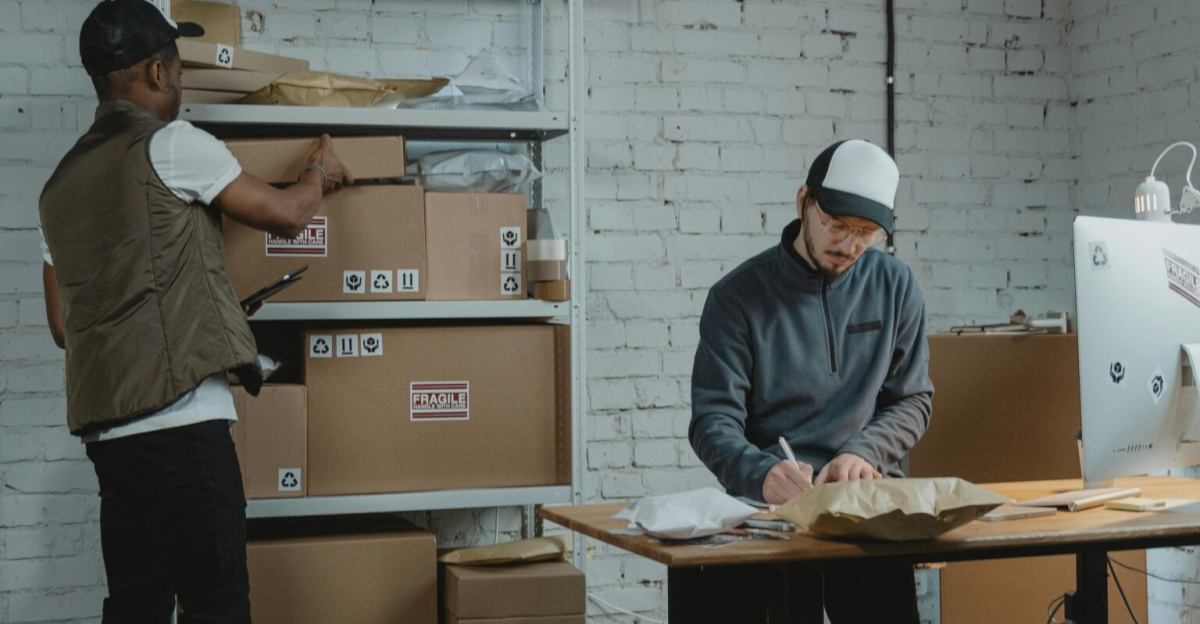 Two workers handling packages and organizing stock in a warehouse setting.