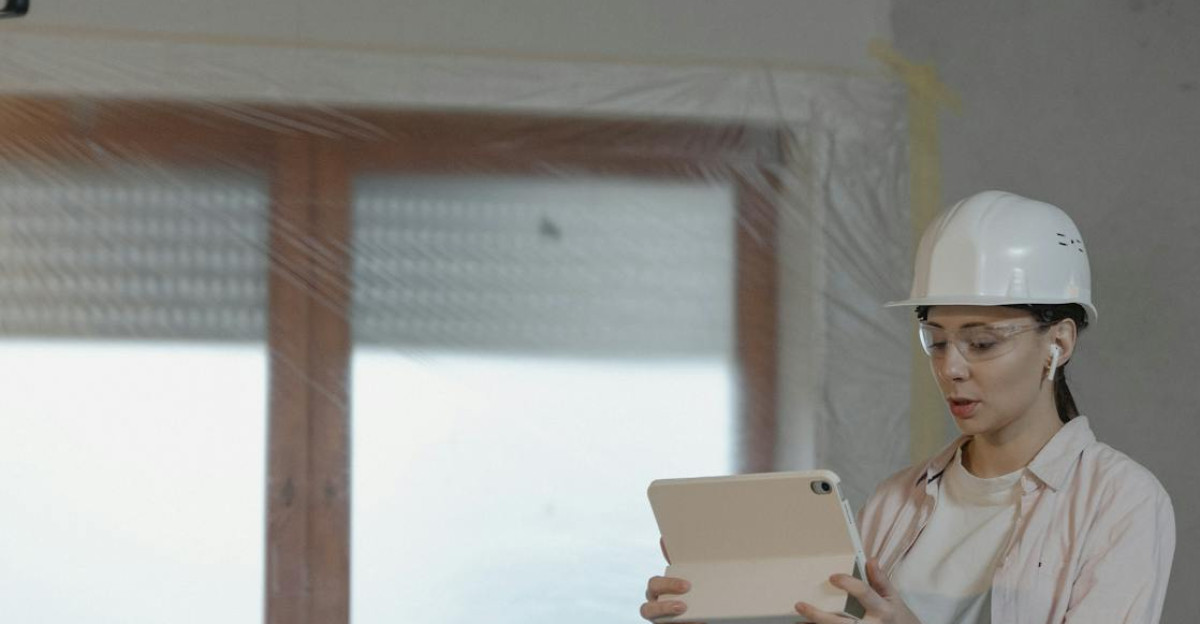 Woman in hard hat using tablet for construction project in unfinished interior