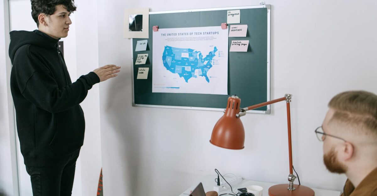 Business meeting discussing startup plans with a map of the United States in a modern office setting