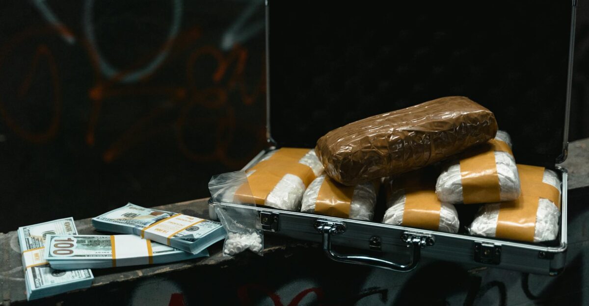 A dramatic scene of cash and drugs in an open briefcase on a graffiti-marked surface