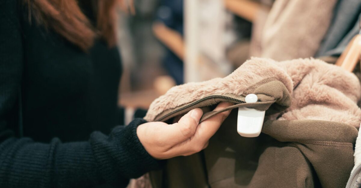 Close-up of a woman examining a coat in a clothing store focused on texture and design