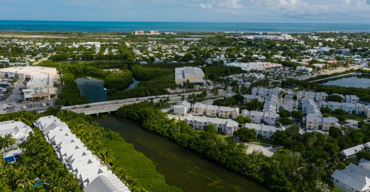 A stunning aerial view of a coastal residential area with lush greenery and a river