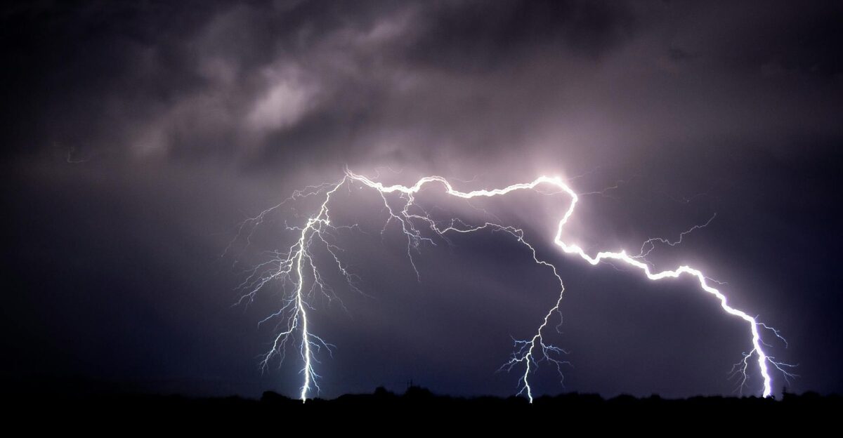 Vivid lightning bolts illuminate the dark night sky over an open field creating a striking natural display