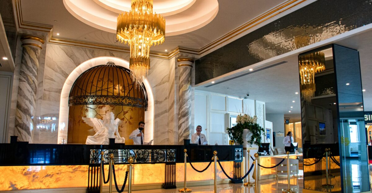 gold chandelier on white ceiling