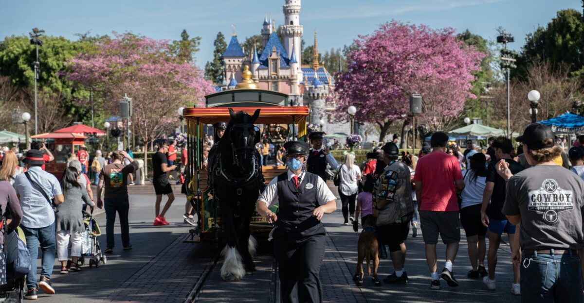 a crowd of people walking around a horse carriage