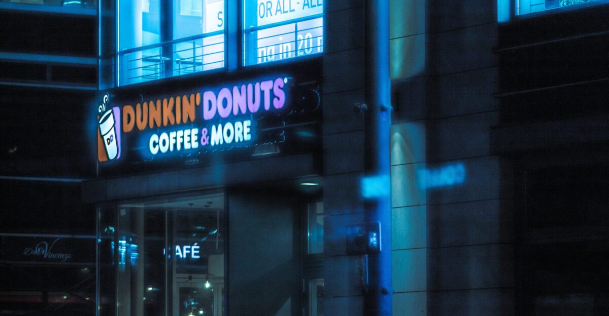 a dunkin donuts coffee store at night