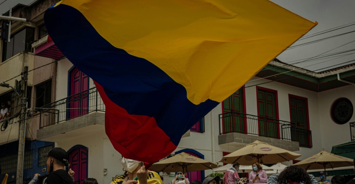 a woman holding a flag in front of a crowd of people