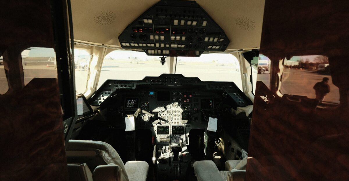 a view of the cockpit of an airplane from the inside