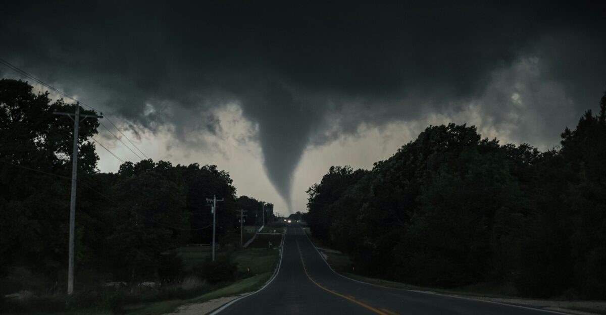 a large tornado is seen in the sky over a road