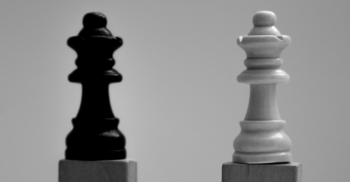 a black and white photo of two chess pieces