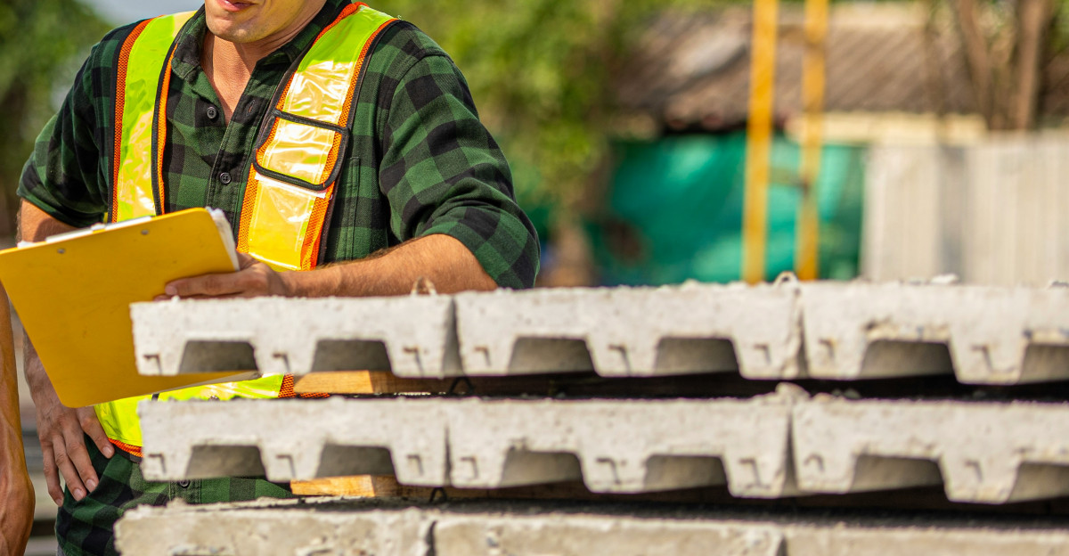 Construction workers review plans on site