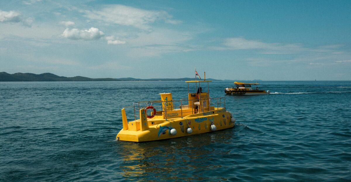 Yellow submarine boat sailing on the ocean