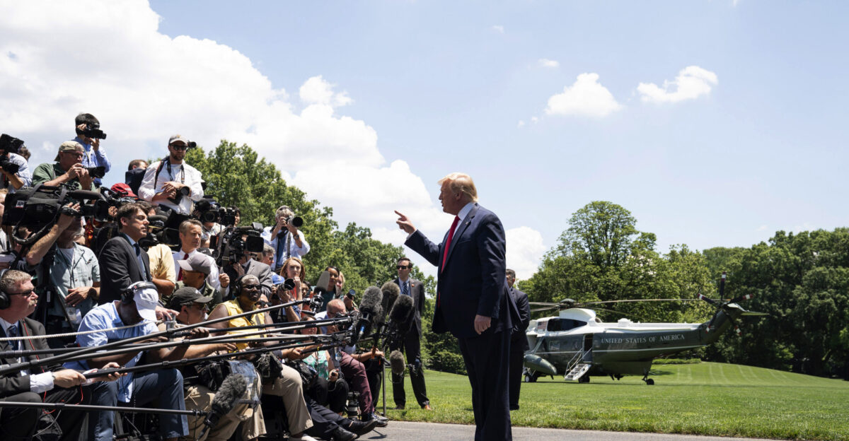 President Donald J Trump talks to reporters on the South Lawn of the White House Wednesday June 26 2019 prior to boarding Marine One to begin his trip to Japan Official White House Photo by Joyce N Boghosian