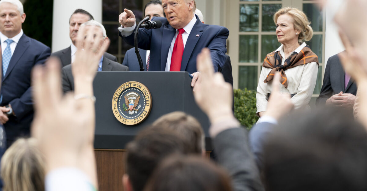 President Donald J Trump points to a reporter to ask a question after announcing a national emergency to further combat the Coronavirus outbreak at a news conference Friday March 13 2020 in the Rose Garden of the White House Official White House Photo by Shealah Craighead