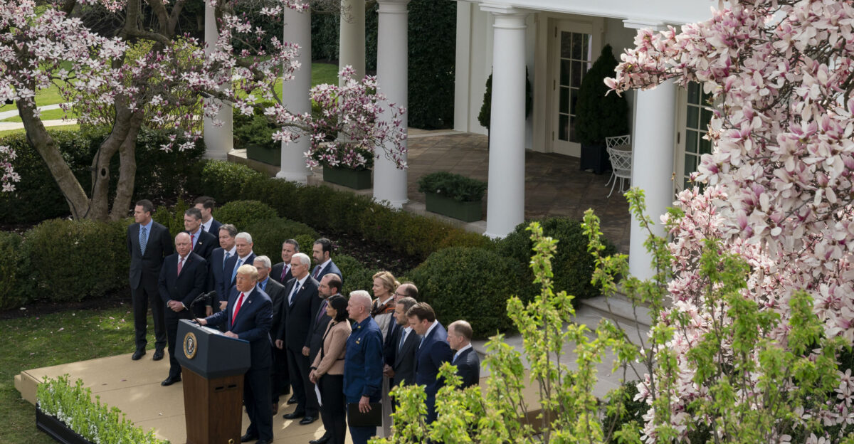 President Donald J Trump joined by Vice President Mike Pence and members of the White House Coronavirus Task Force announces a national emergency to further battle the Coronavirus outbreak at a news conference Friday March 13 2020 in the Rose Garden of the White House Official White House Photo by Tia Dufour