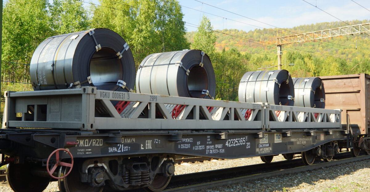 Transportation of rolled steel coils on an open loading platform Aygir station Russia