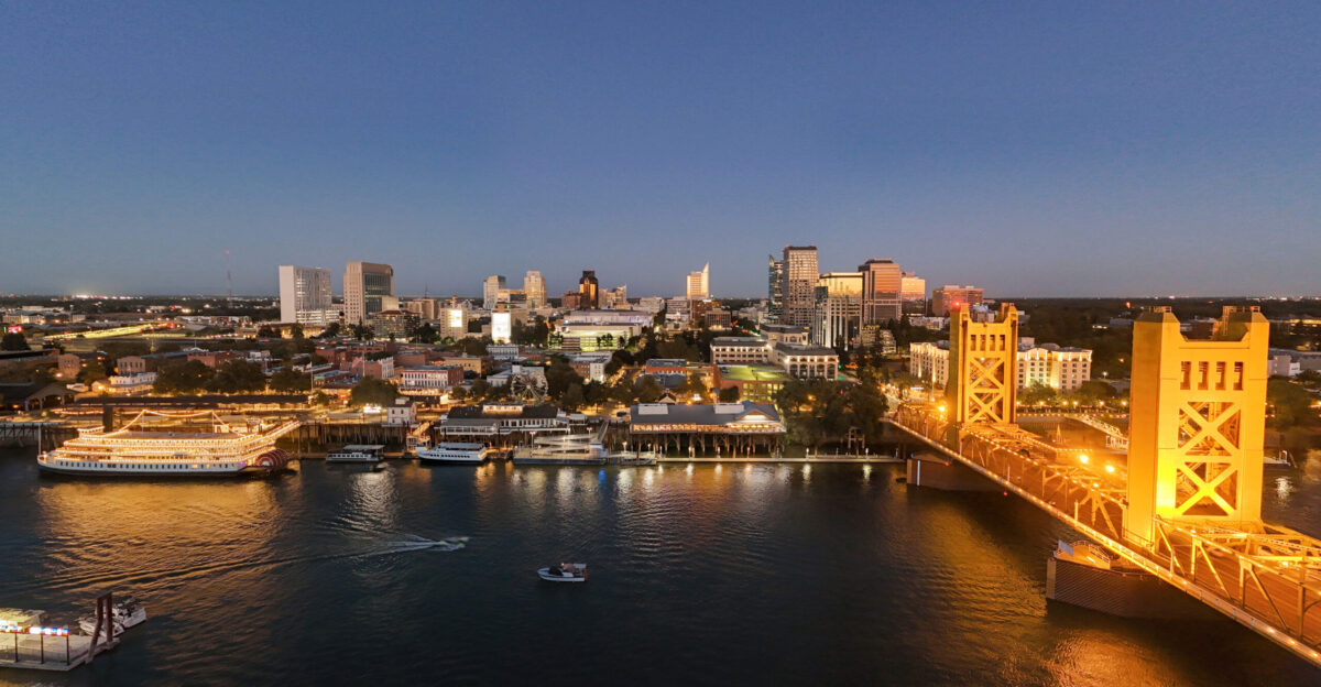 Aerial view of Sacramento s skyline featuring Tower Bridge and the Sacramento River