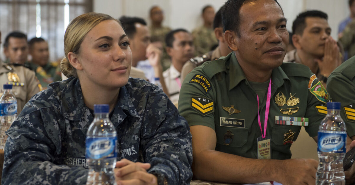 N- OU129-051 BENGKULU Indonesia April 03 2018 Hospital Corpsman Seaman Brittany Abshere listens to presentations alongside colleagues from the Tentara Nasional Indonesia TNI during a humanitarian assistance and disaster relief HADR seminar in Bengkulu Indonesia as a part of Pacific Partnership 2018 PP18 PP18 s mission is to work collectively with host and partner nations to enhance regional interoperability and disaster response capabilities increased stability and security in the region and foster new and enduring friendships across the Indo-Pacific Region Pacific Partnership now in its 13th iteration is the largest annual multinational humanitarian assistance and disaster relief preparedness mission conducted in the Indo-Pacific U S Navy photo by Mass Communication Specialist 2nd Class Joshua Fulton Released